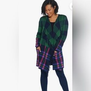 Isaac Mizrahi Green and Blue Plaid  fringe Cardigan sweater size xxs cottagecore